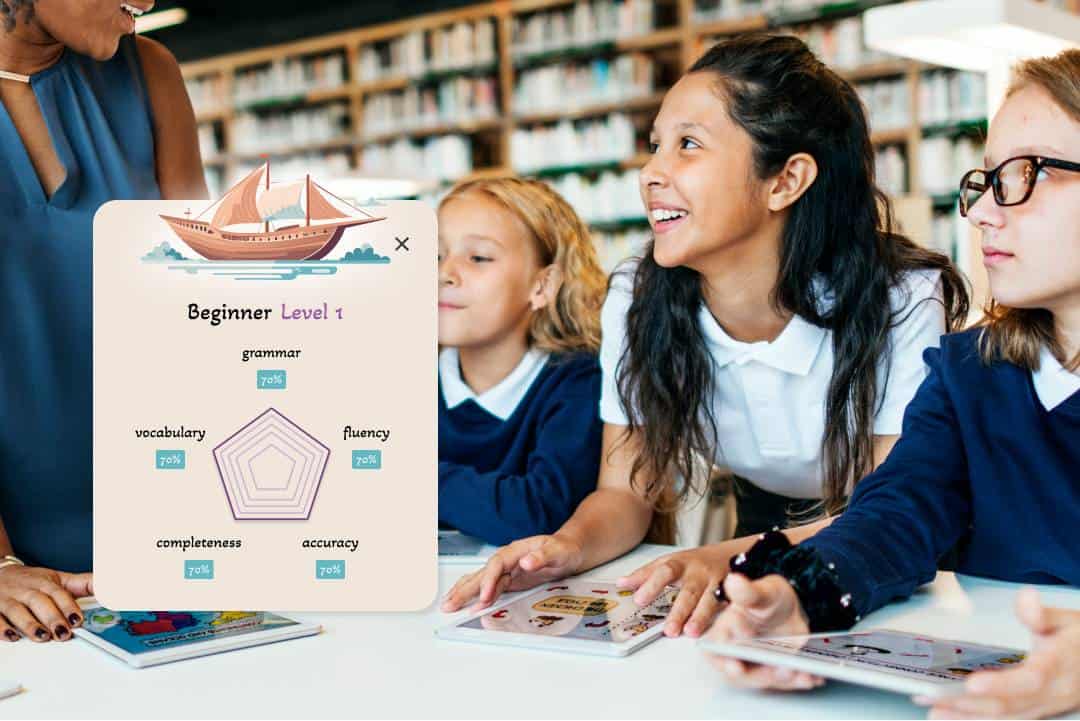 A group of children in a library wearing school uniforms, smiling and engaging with digital learning materials. A 