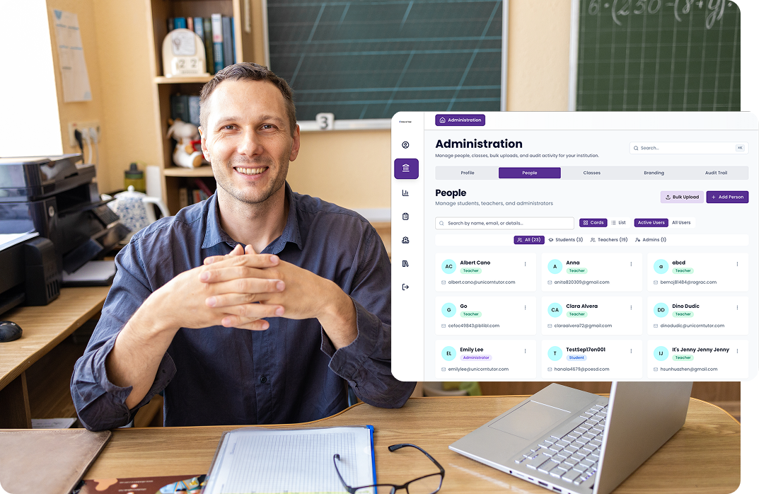 Teacher at a desk with a laptop alongside an administration panel interface showing user management, including students, teachers, and admins within an education platform.