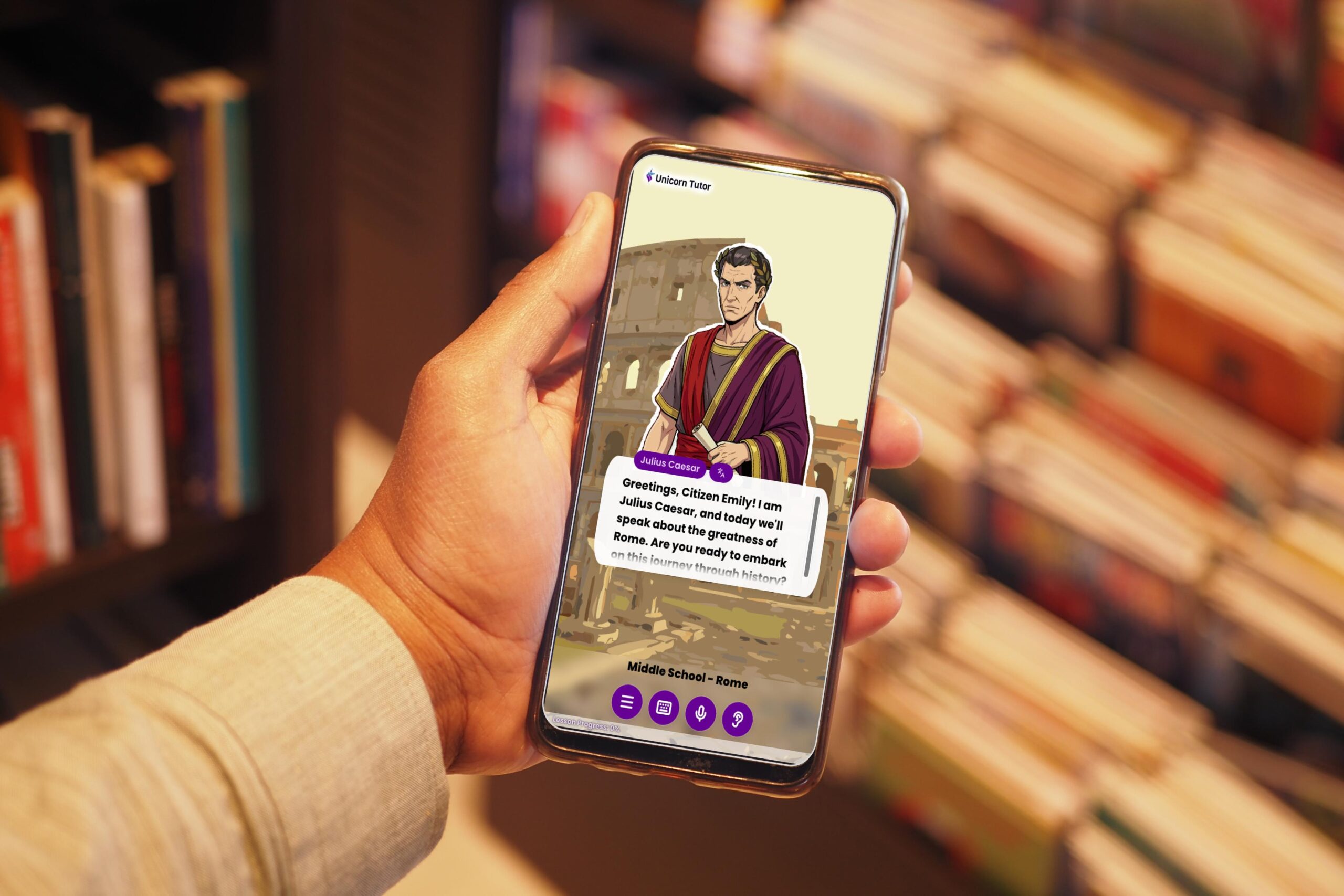 Hand holding a smartphone displaying an AI-powered lesson with a historical character guiding a speaking practice activity in an educational app.