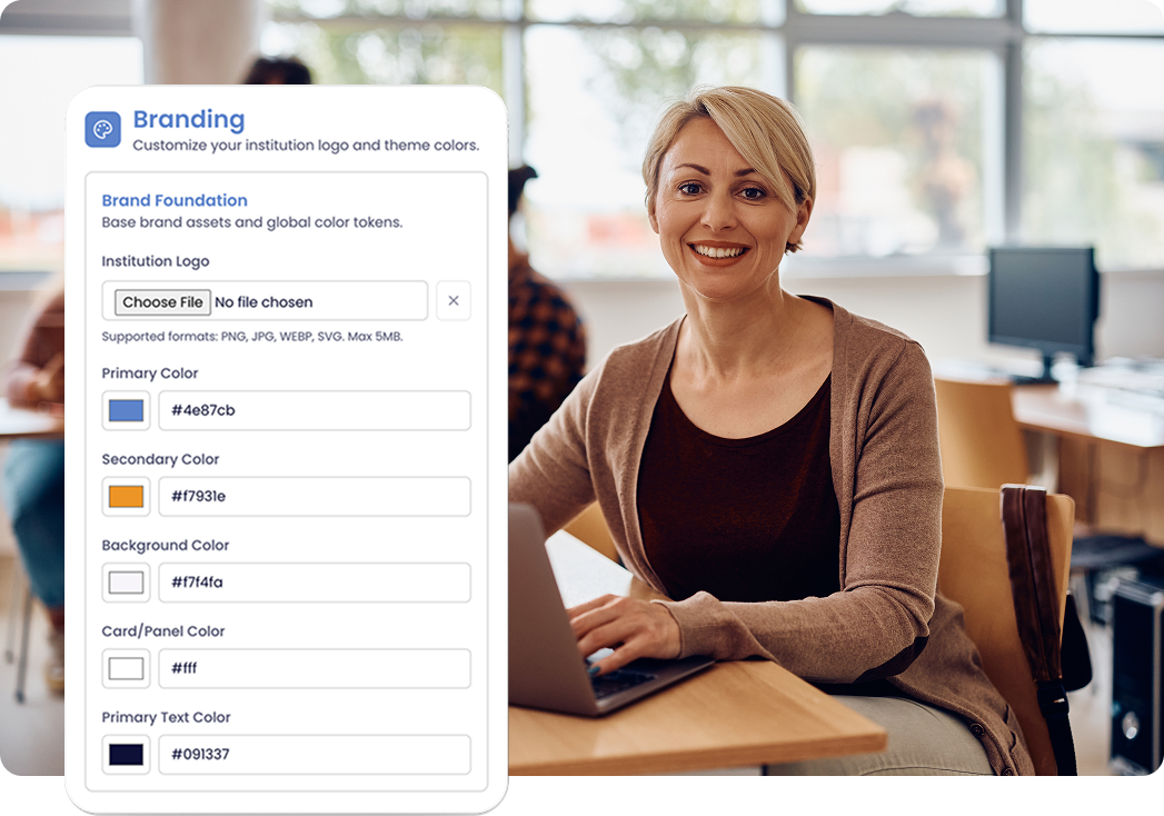 Brand customization interface displaying logo upload and color settings, alongside a teacher using a laptop in a modern classroom environment.