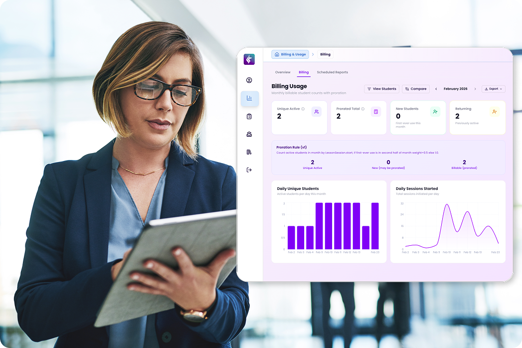 Professional reviewing a tablet with a billing and usage dashboard displaying student activity, session data, and analytics metrics.