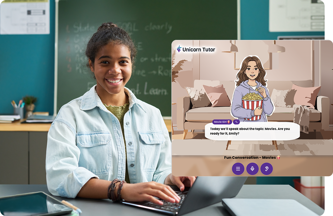 Student using a laptop in a classroom while interacting with an AI-powered speaking practice interface featuring a conversational tutor and guided dialogue scenario.