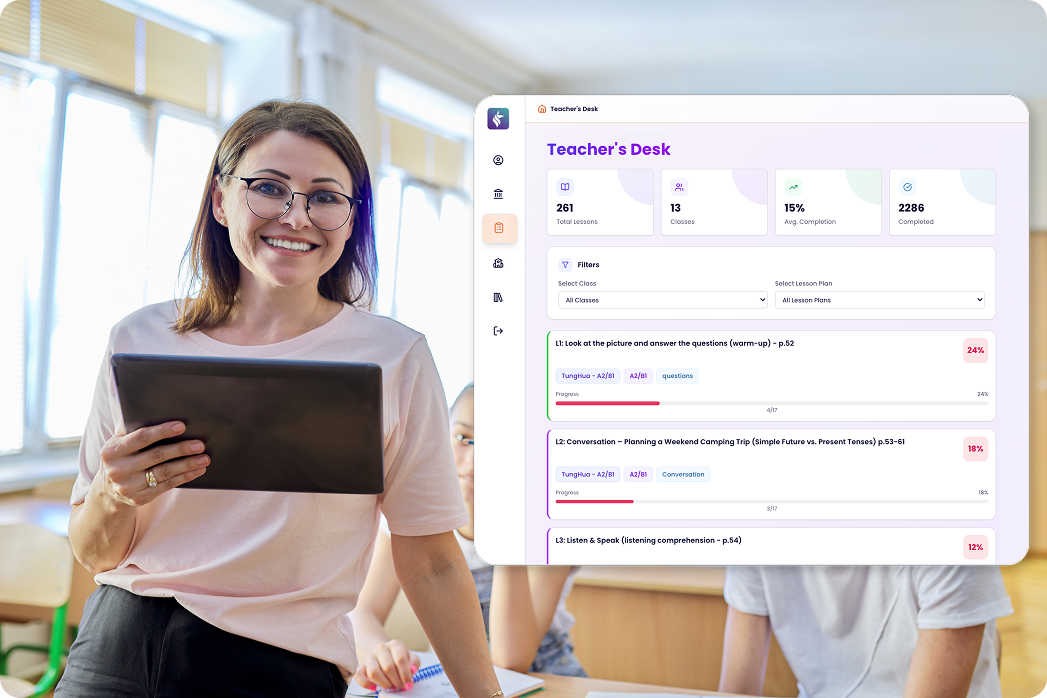 Teacher holding a tablet in a classroom with a dashboard interface showing lesson progress, class metrics, and activity tracking for students.