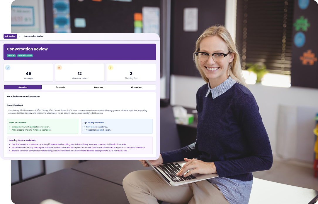 Teacher using a laptop in a classroom with an AI conversation review dashboard displaying performance metrics, grammar feedback, and improvement suggestions.
