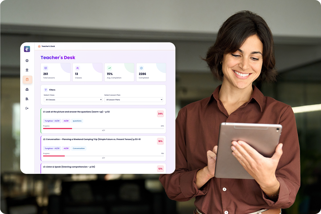 教師使用平板查看儀表板介面，顯示課程進度、班級數據與學生學習活動追蹤。