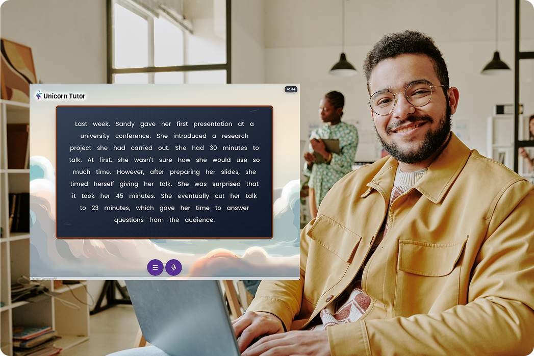 專業人士使用筆記型電腦，進行以簡報技巧與真實情境溝通為核心的 AI 口說練習。