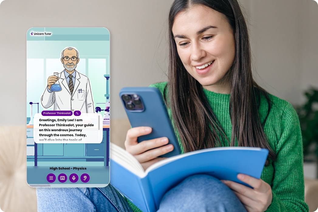使用智慧型手機搭配書本學習的學生，透過虛擬講師與引導式內容，與 AI 課程互動。